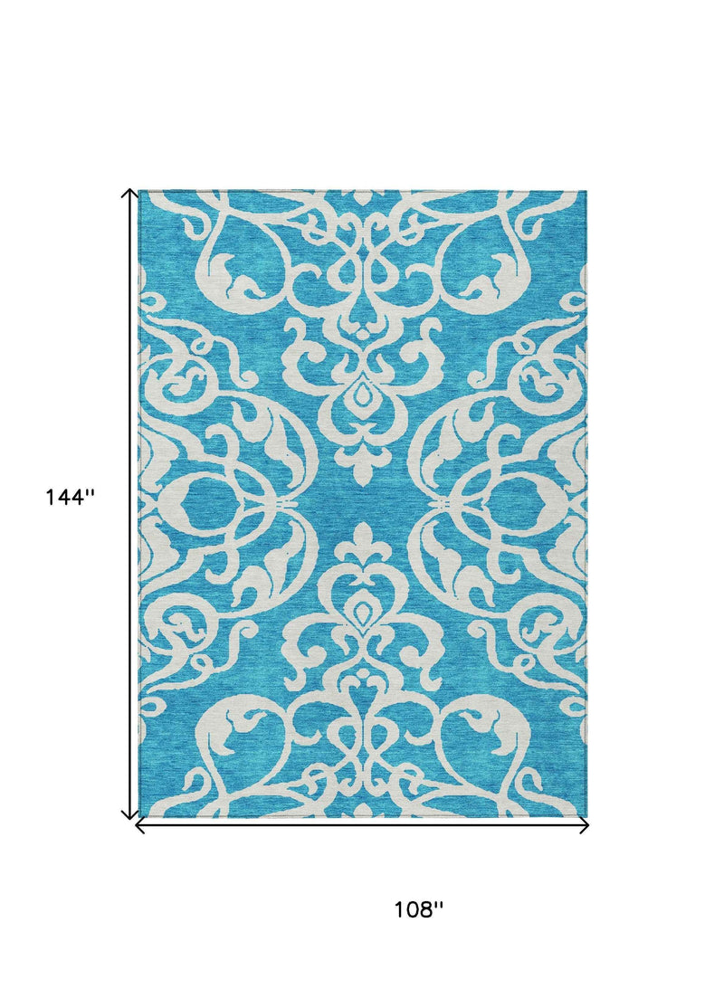9' X 12' Turquoise And Ivory Damask Washable Indoor Outdoor Area Rug