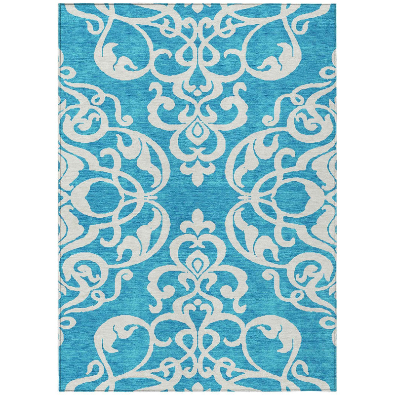 9' X 12' Turquoise And Ivory Damask Washable Indoor Outdoor Area Rug