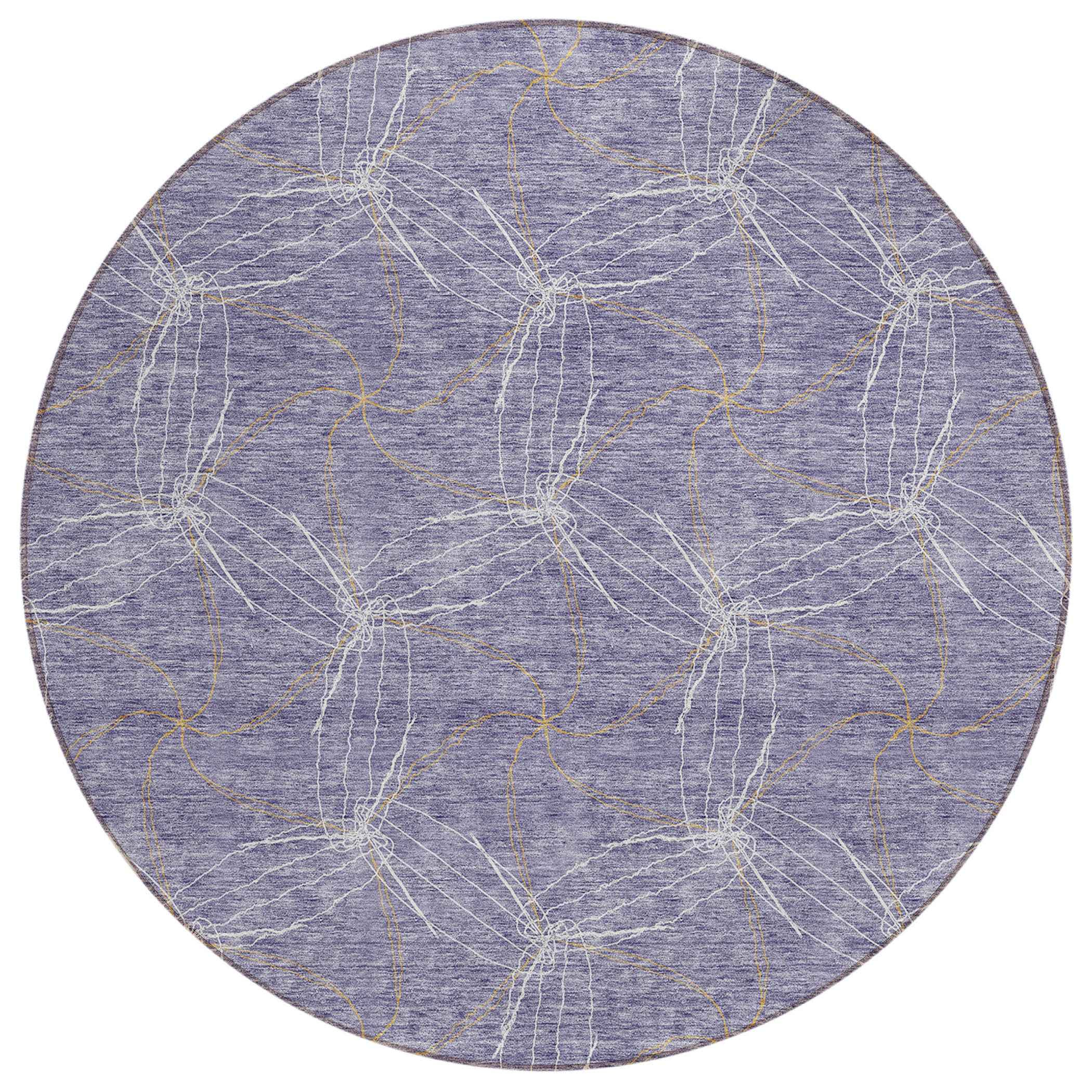 8' Purple And Ivory Round Geometric Washable Indoor Outdoor Area Rug