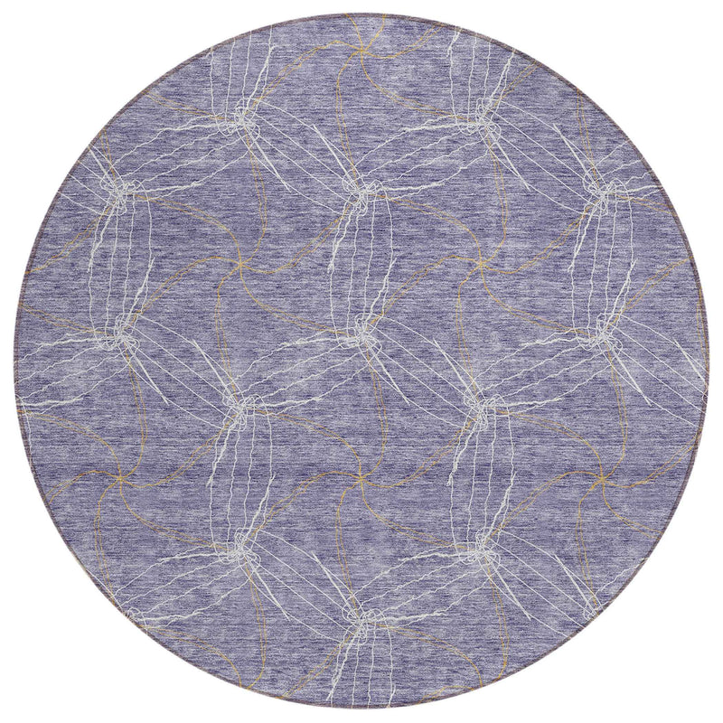 8' Purple And Ivory Round Geometric Washable Indoor Outdoor Area Rug