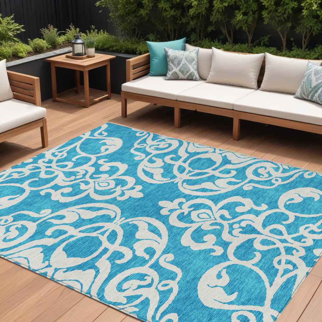 9' X 12' Turquoise And Ivory Damask Washable Indoor Outdoor Area Rug