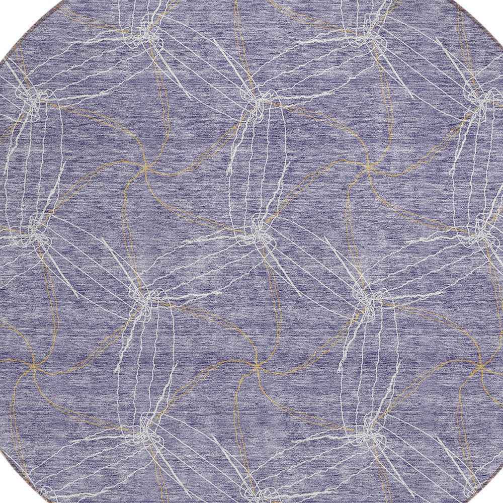 8' Purple And Ivory Round Geometric Washable Indoor Outdoor Area Rug