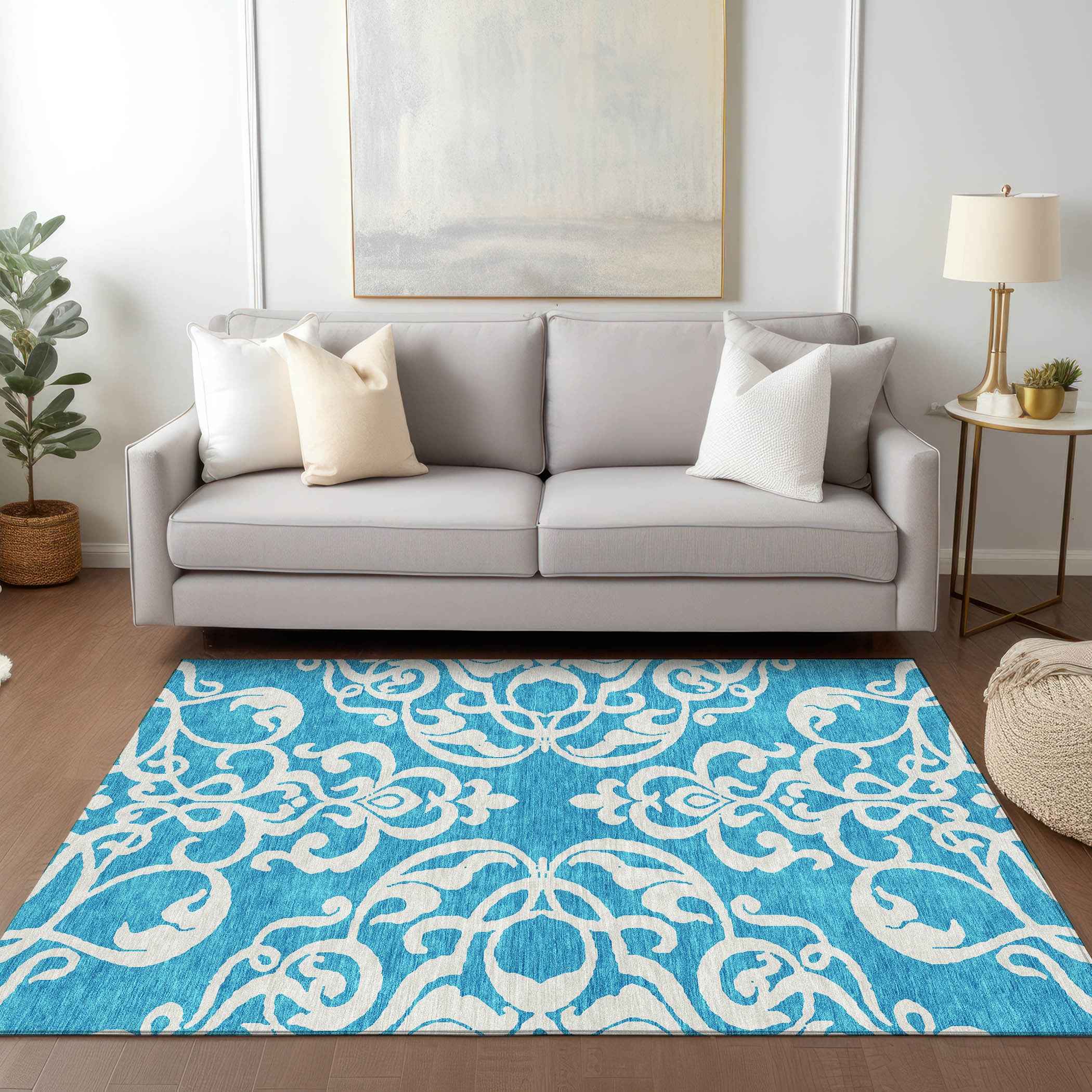 9' X 12' Turquoise And Ivory Damask Washable Indoor Outdoor Area Rug