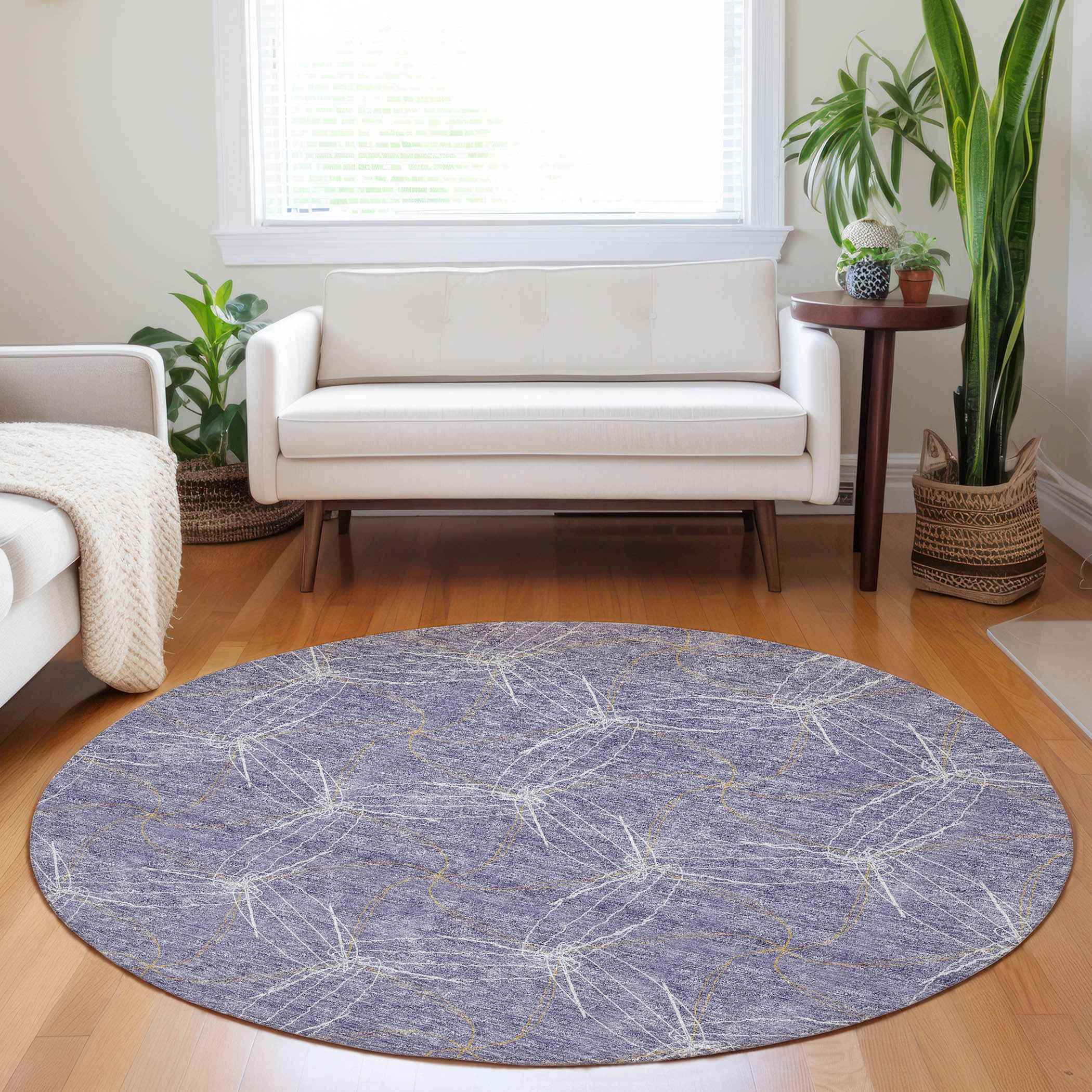 8' Purple And Ivory Round Geometric Washable Indoor Outdoor Area Rug