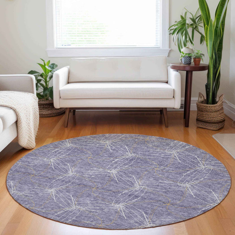 8' Purple And Ivory Round Geometric Washable Indoor Outdoor Area Rug