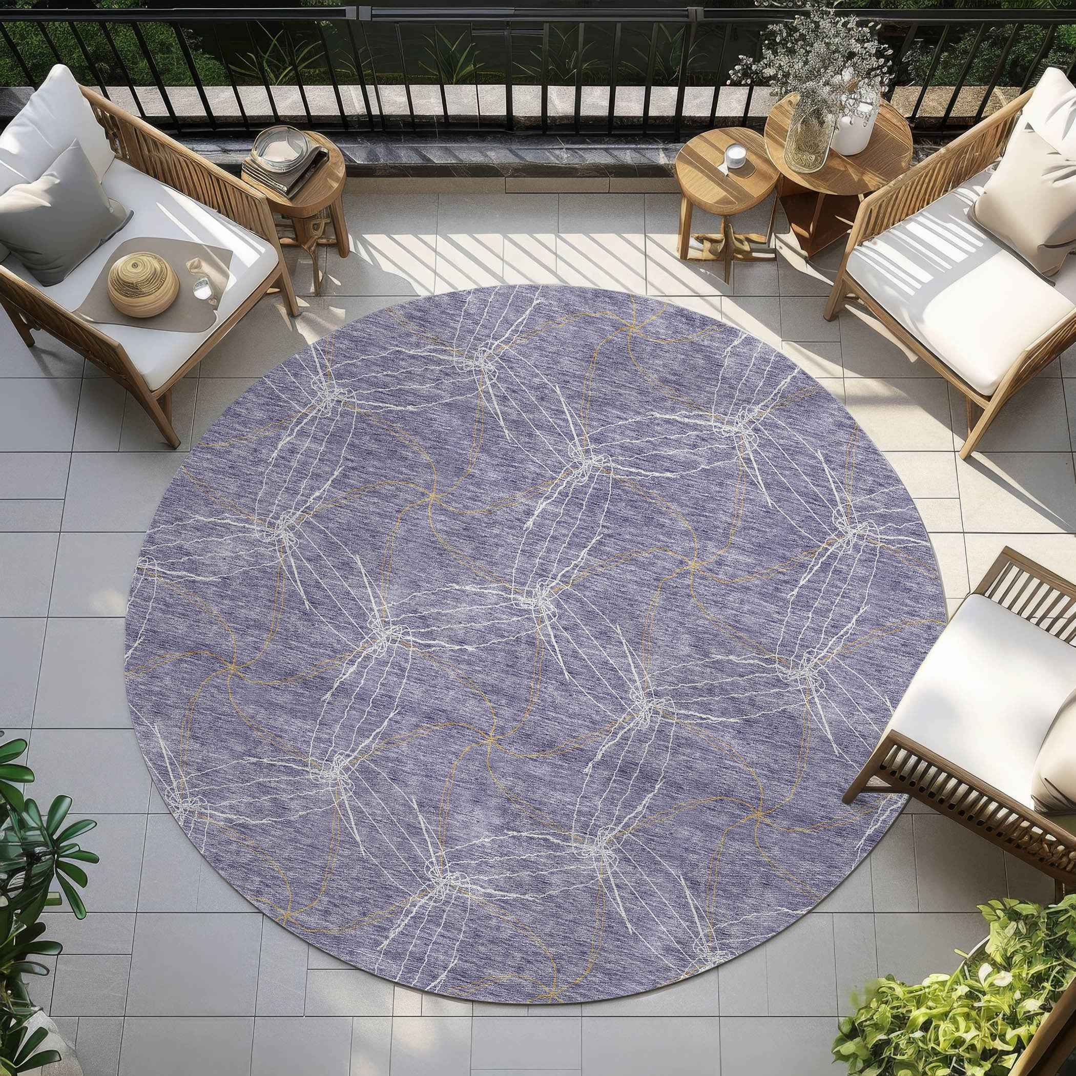 8' Purple And Ivory Round Geometric Washable Indoor Outdoor Area Rug