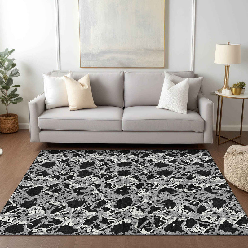 3' X 5' Black And Gray Abstract Washable Indoor Outdoor Area Rug