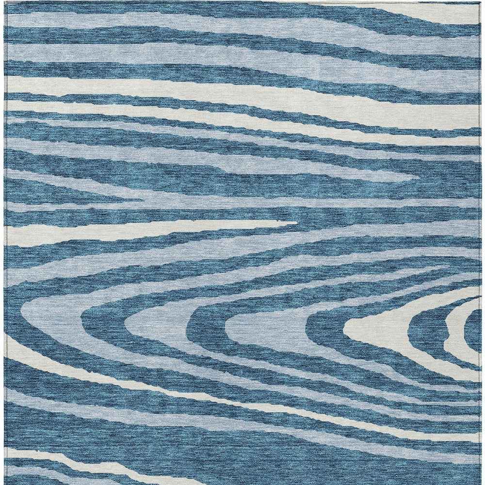 9' X 12' Navy Blue Denim Blue And Ivory Faux Bois Washable Indoor Outdoor Area Rug