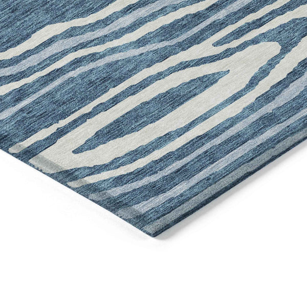 8' X 10' Navy Blue Denim Blue And Ivory Faux Bois Washable Indoor Outdoor Area Rug