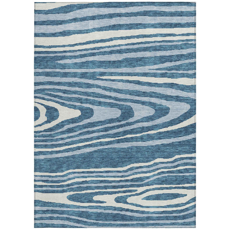 8' X 10' Navy Blue Denim Blue And Ivory Faux Bois Washable Indoor Outdoor Area Rug