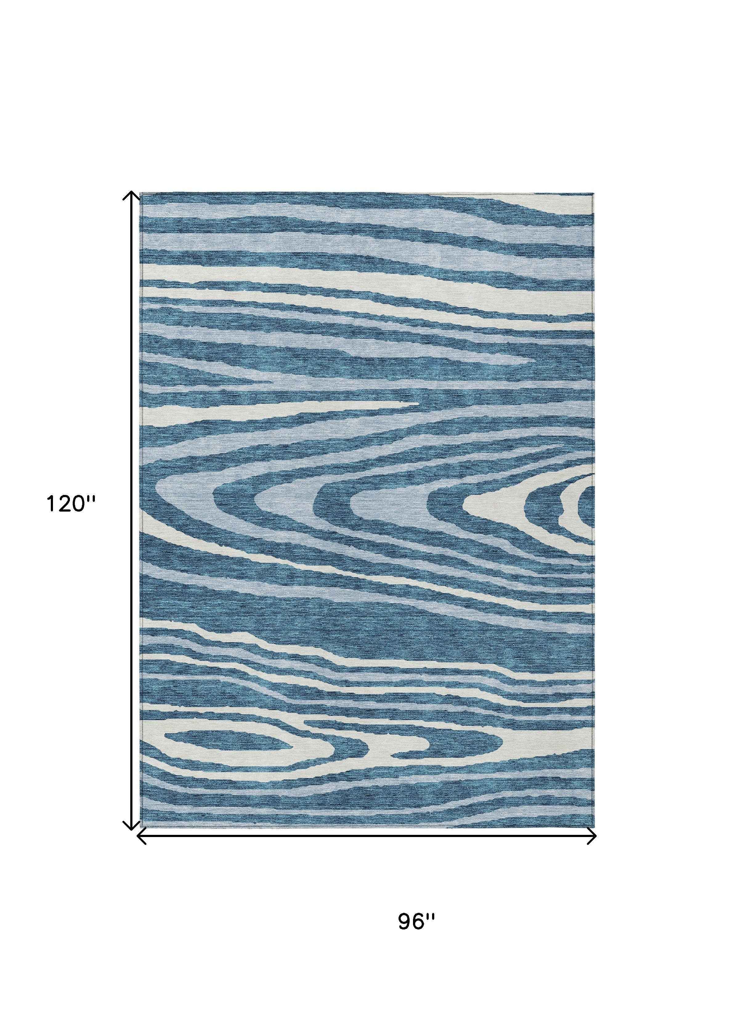 8' X 10' Navy Blue Denim Blue And Ivory Faux Bois Washable Indoor Outdoor Area Rug