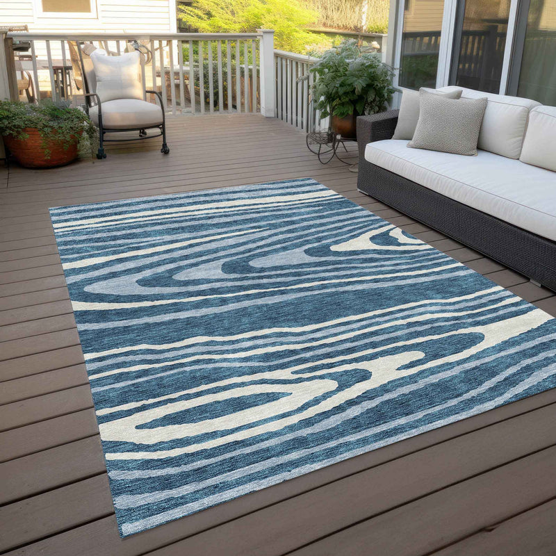 9' X 12' Navy Blue Denim Blue And Ivory Faux Bois Washable Indoor Outdoor Area Rug