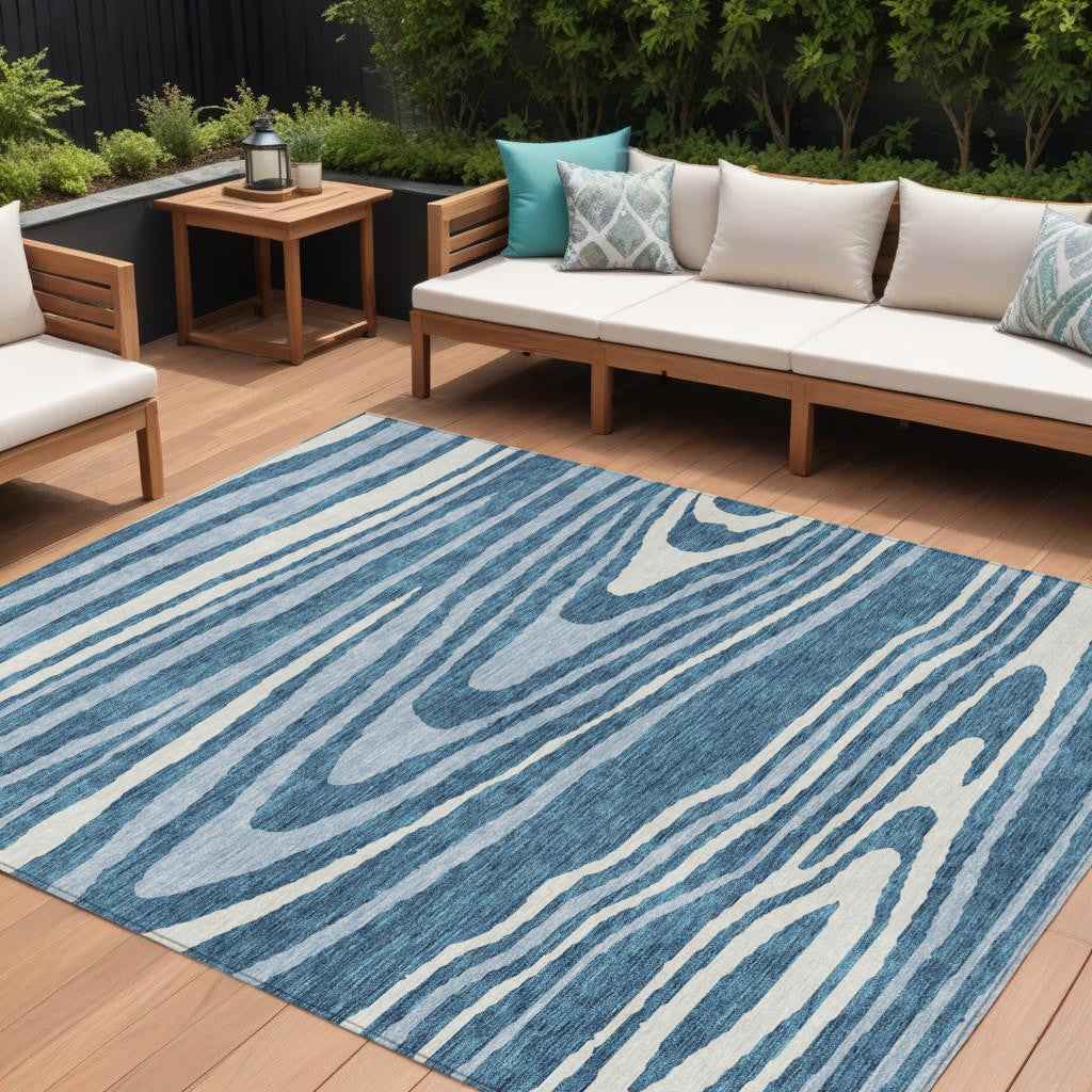 8' X 10' Navy Blue Denim Blue And Ivory Faux Bois Washable Indoor Outdoor Area Rug