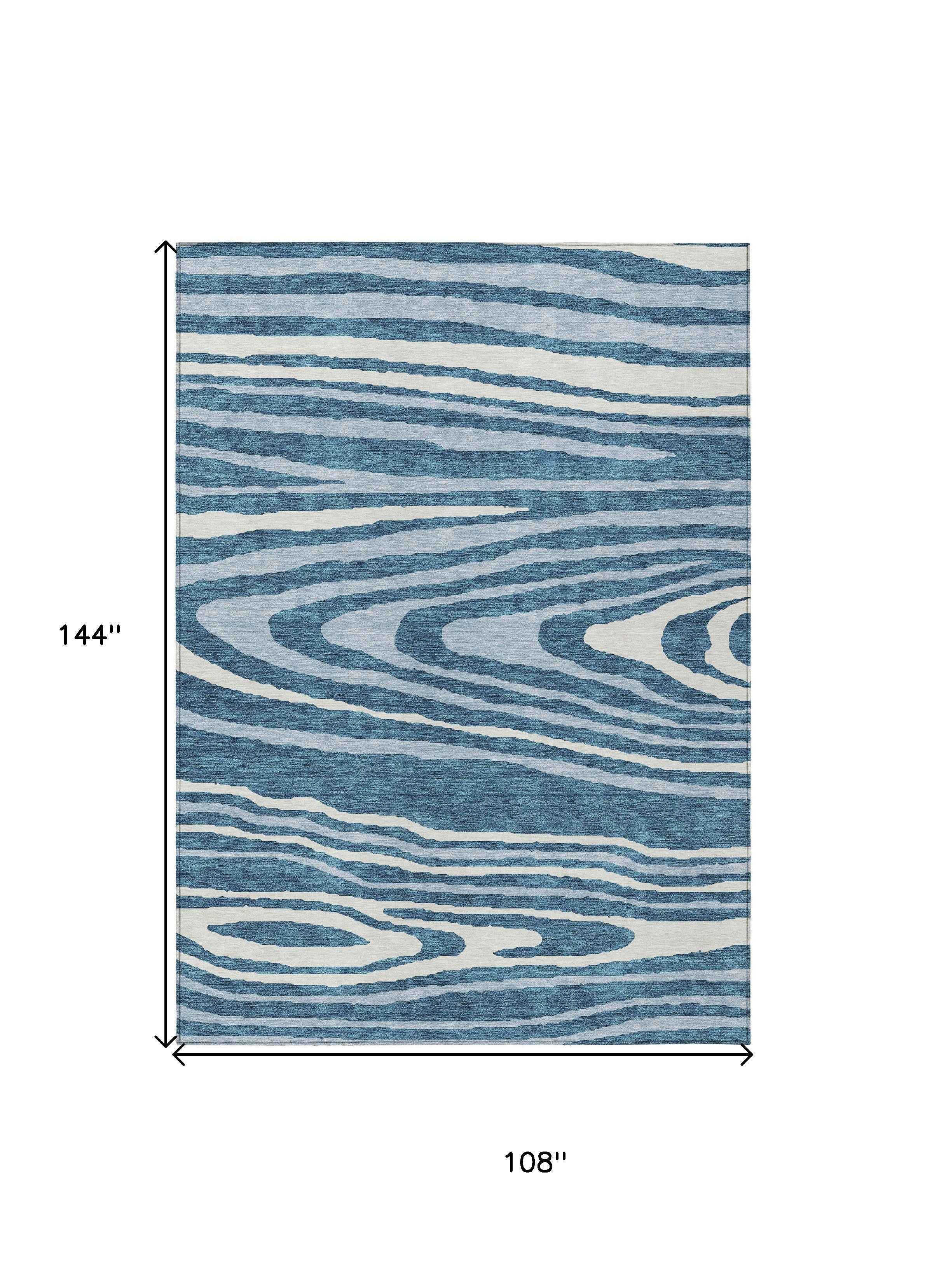 9' X 12' Navy Blue Denim Blue And Ivory Faux Bois Washable Indoor Outdoor Area Rug