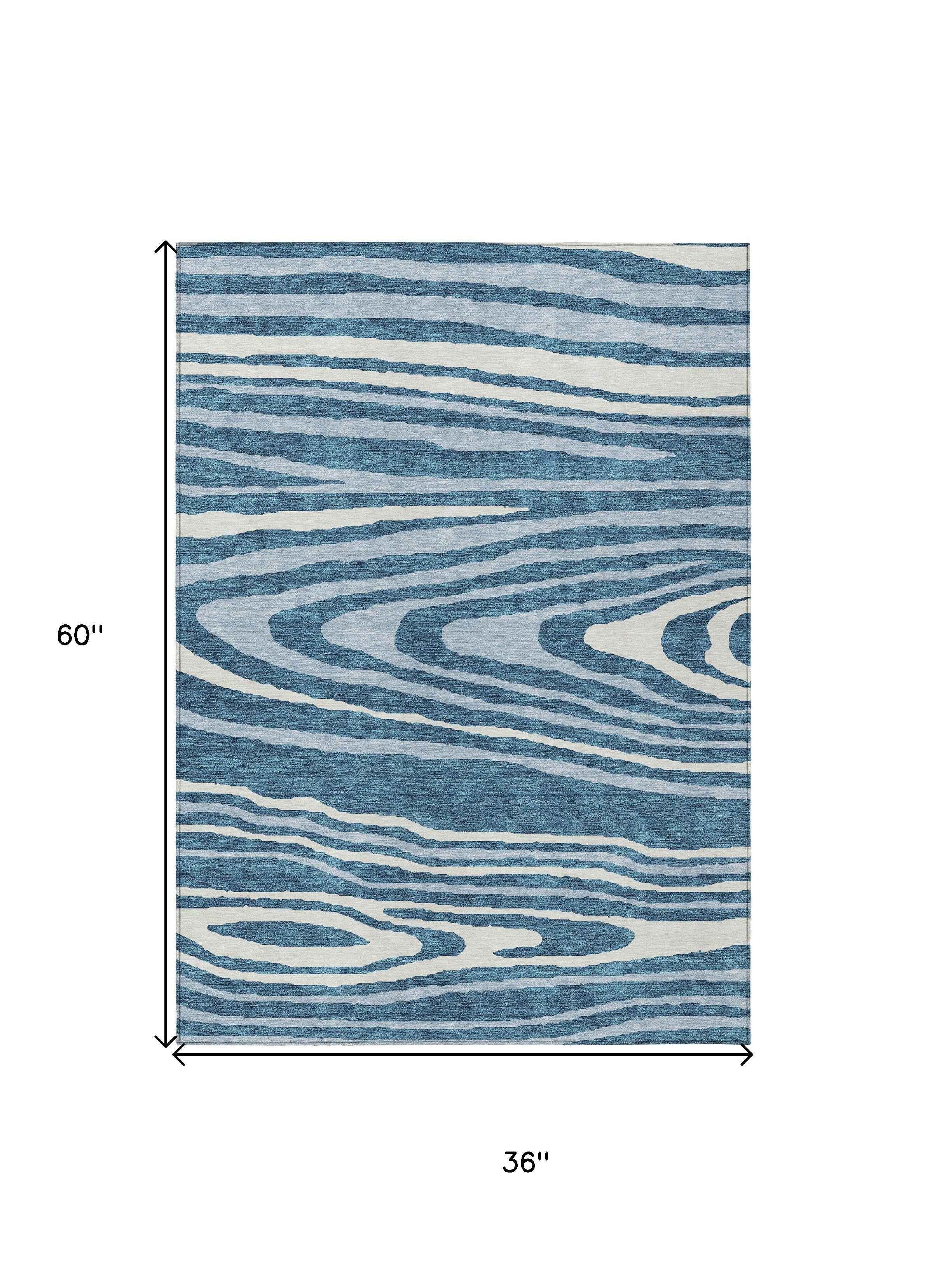 3' X 5' Navy Blue Denim Blue And Ivory Faux Bois Washable Indoor Outdoor Area Rug
