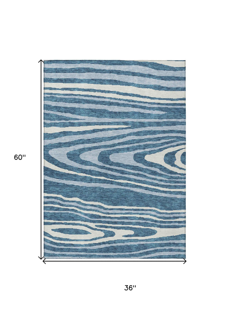 3' X 5' Navy Blue Denim Blue And Ivory Faux Bois Washable Indoor Outdoor Area Rug