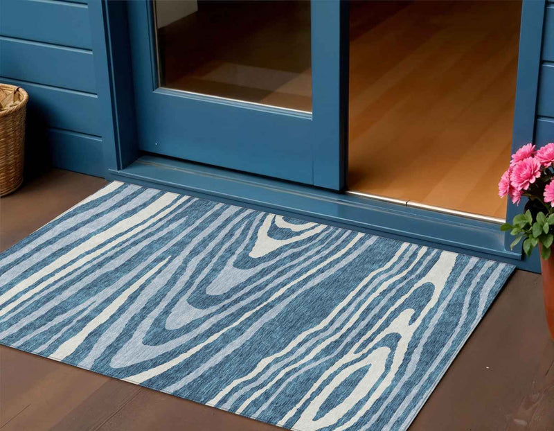 3' X 5' Navy Blue Denim Blue And Ivory Faux Bois Washable Indoor Outdoor Area Rug