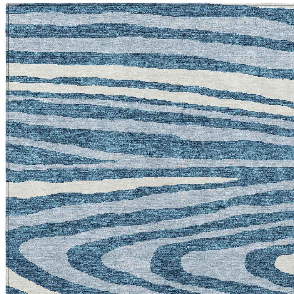 3' X 5' Navy Blue Denim Blue And Ivory Faux Bois Washable Indoor Outdoor Area Rug