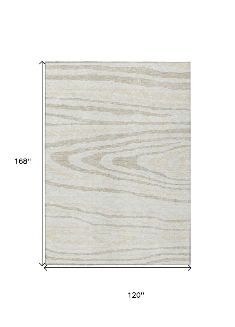 10' X 14' Ivory Beige And Taupe Faux Bois Washable Indoor Outdoor Area Rug