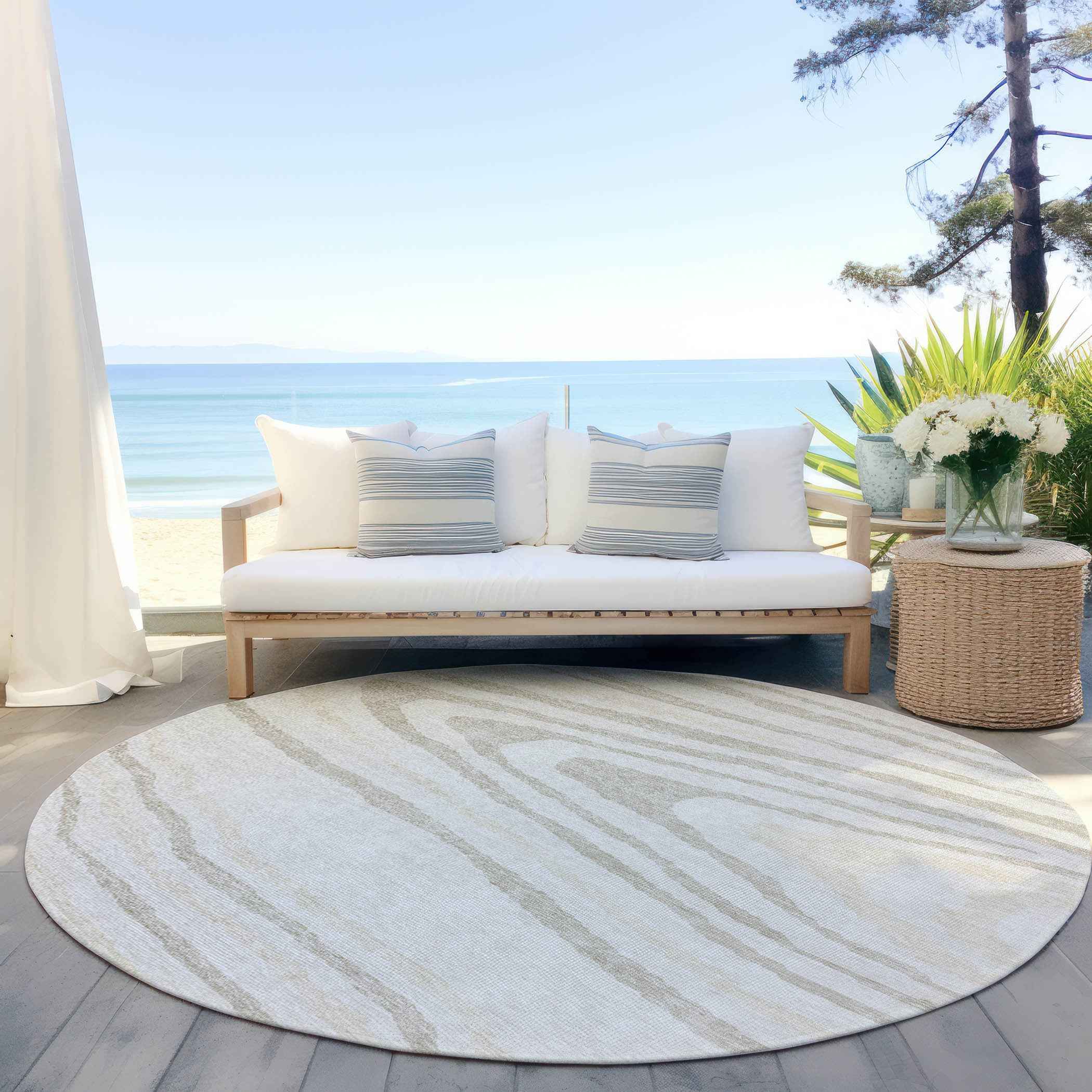 8' Ivory Beige And Taupe Round Faux Bois Washable Indoor Outdoor Area Rug