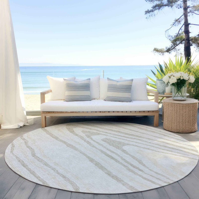 8' Ivory Beige And Taupe Round Faux Bois Washable Indoor Outdoor Area Rug