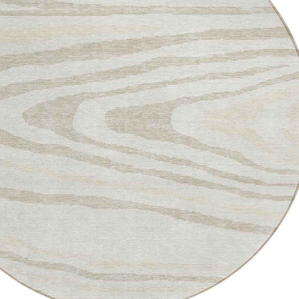 8' Ivory Beige And Taupe Round Faux Bois Washable Indoor Outdoor Area Rug