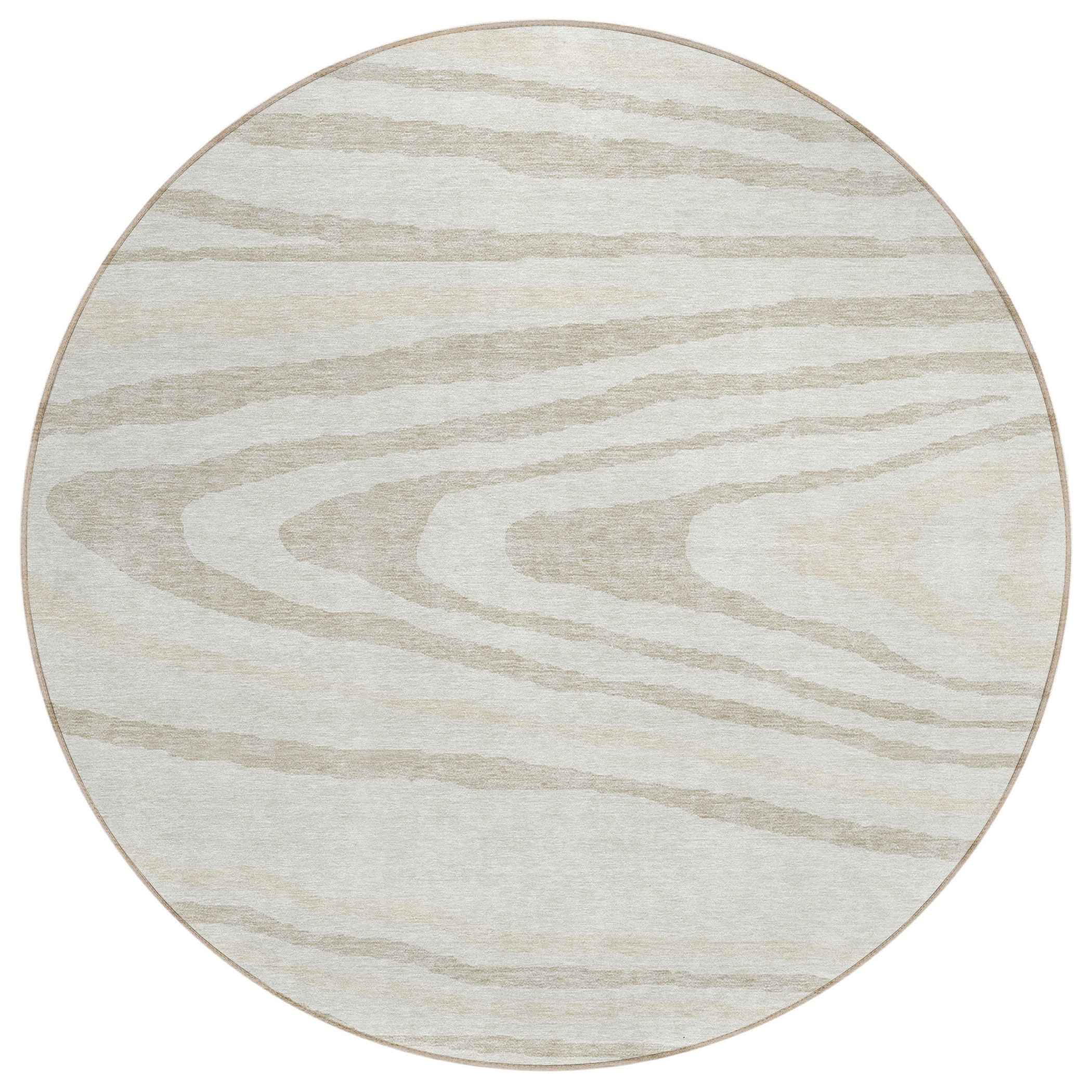 8' Ivory Beige And Taupe Round Faux Bois Washable Indoor Outdoor Area Rug