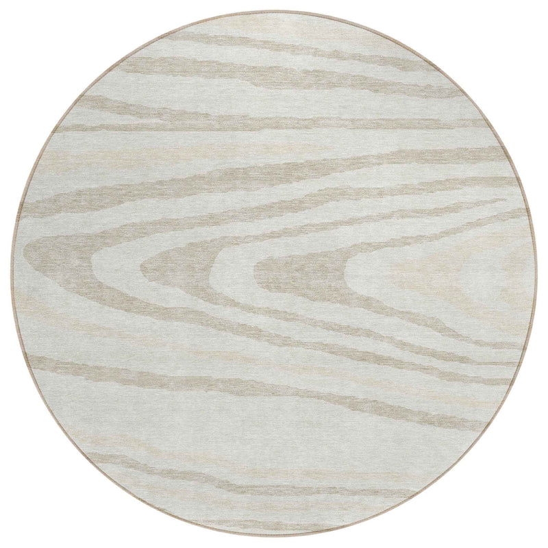 8' Ivory Beige And Taupe Round Faux Bois Washable Indoor Outdoor Area Rug