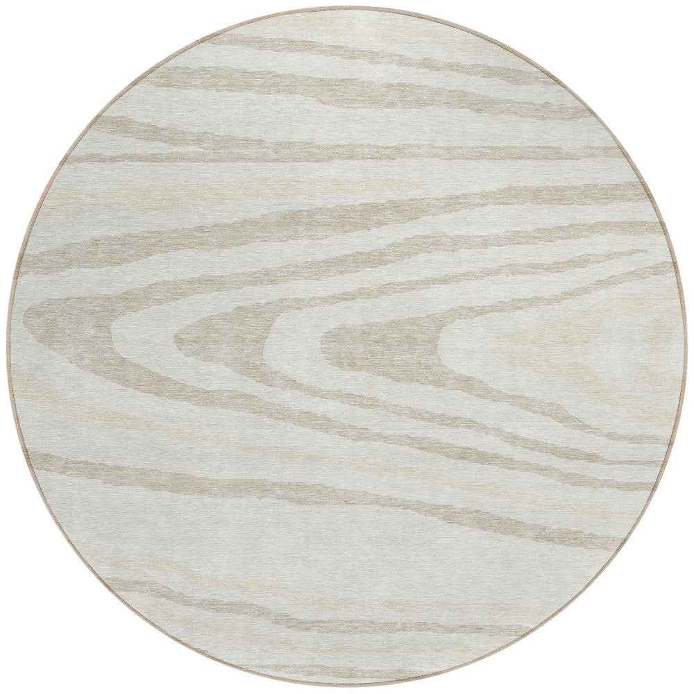 8' Ivory Beige And Taupe Round Faux Bois Washable Indoor Outdoor Area Rug