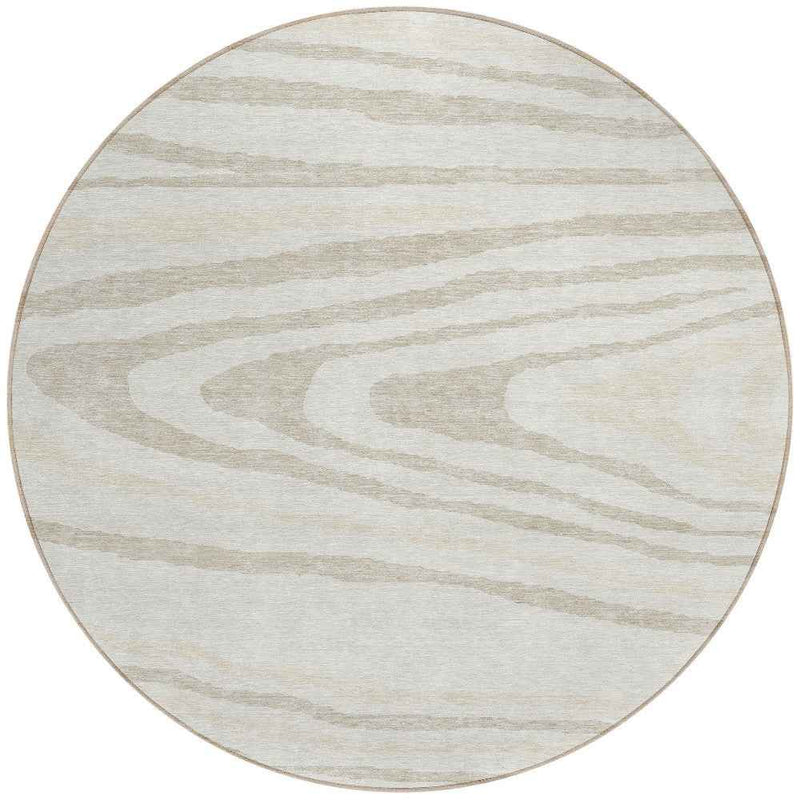 8' Ivory Beige And Taupe Round Faux Bois Washable Indoor Outdoor Area Rug