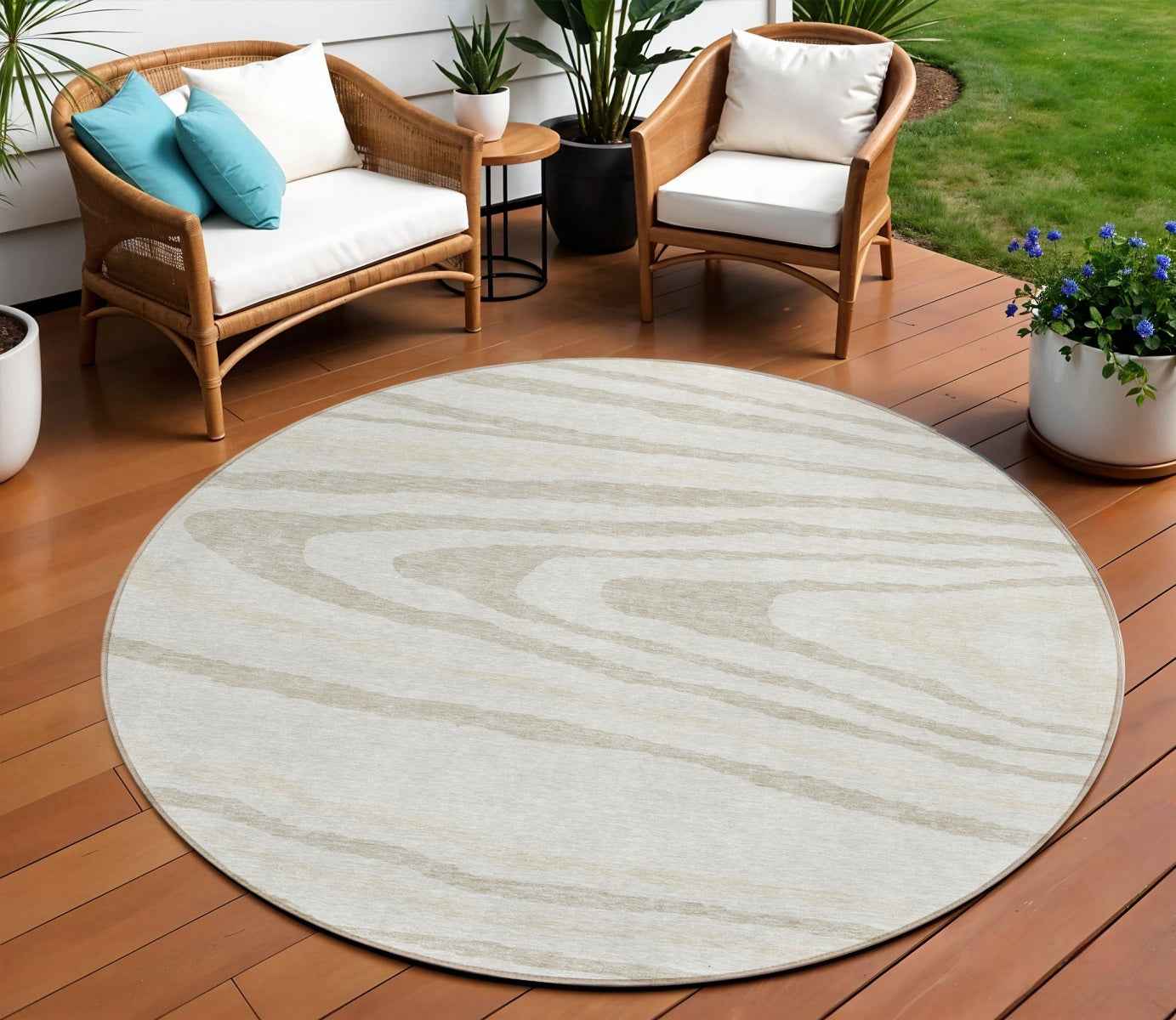 8' Ivory Beige And Taupe Round Faux Bois Washable Indoor Outdoor Area Rug