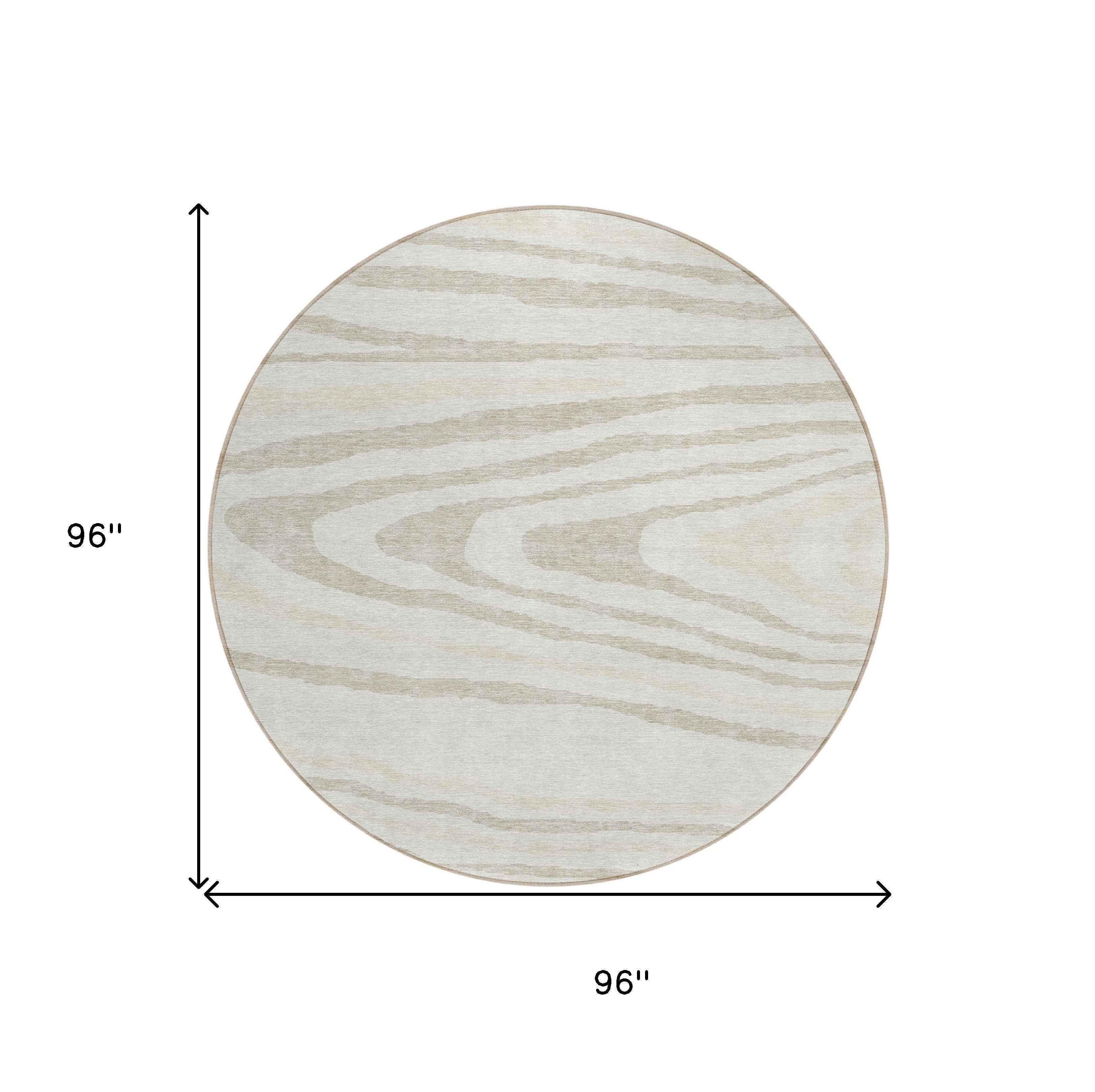 8' Ivory Beige And Taupe Round Faux Bois Washable Indoor Outdoor Area Rug