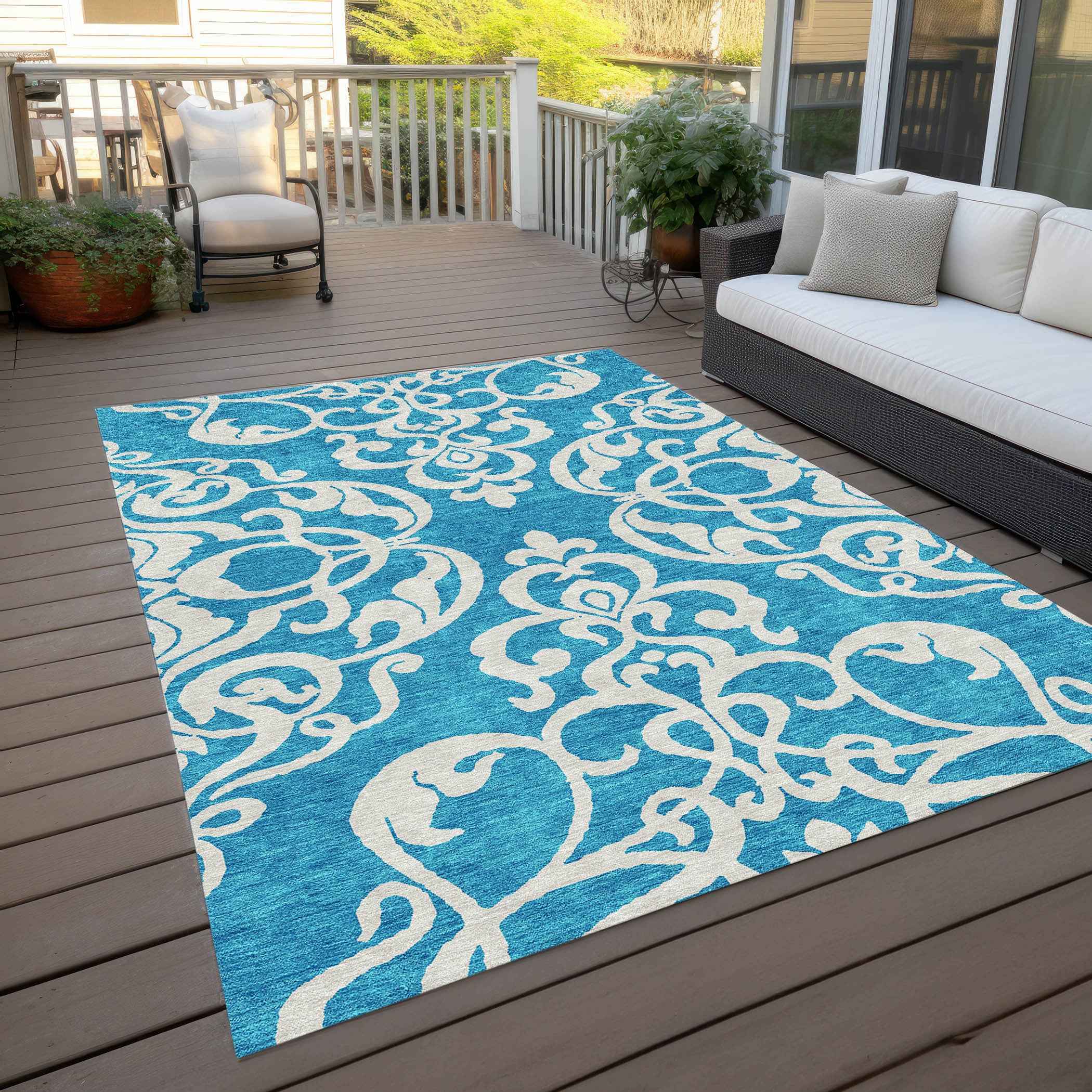 3' X 5' Turquoise And Ivory Damask Washable Indoor Outdoor Area Rug
