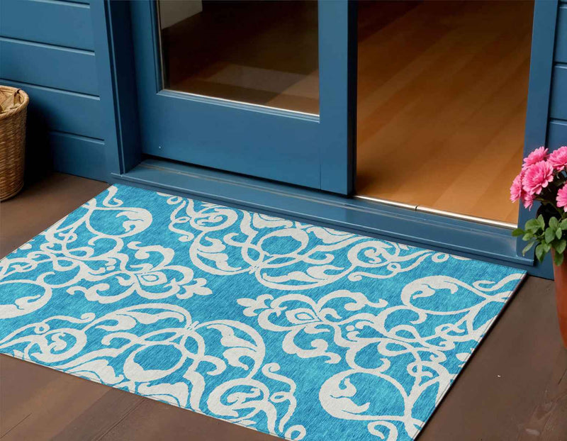 3' X 5' Turquoise And Ivory Damask Washable Indoor Outdoor Area Rug