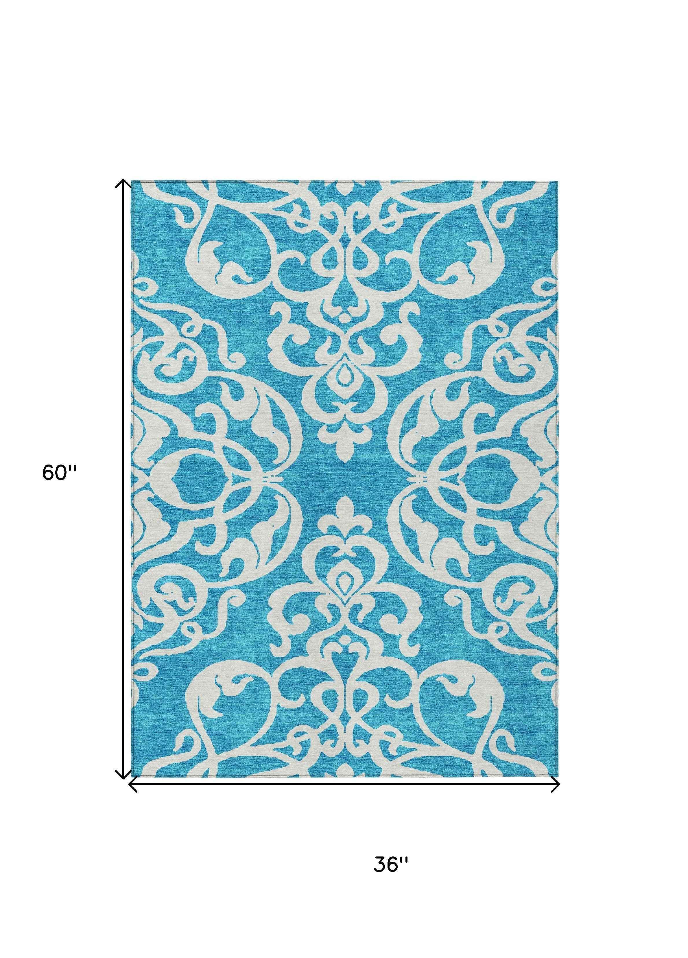 3' X 5' Turquoise And Ivory Damask Washable Indoor Outdoor Area Rug