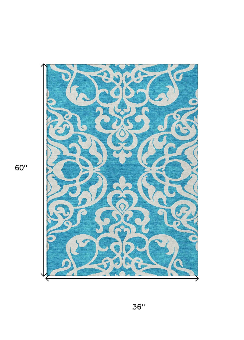3' X 5' Turquoise And Ivory Damask Washable Indoor Outdoor Area Rug