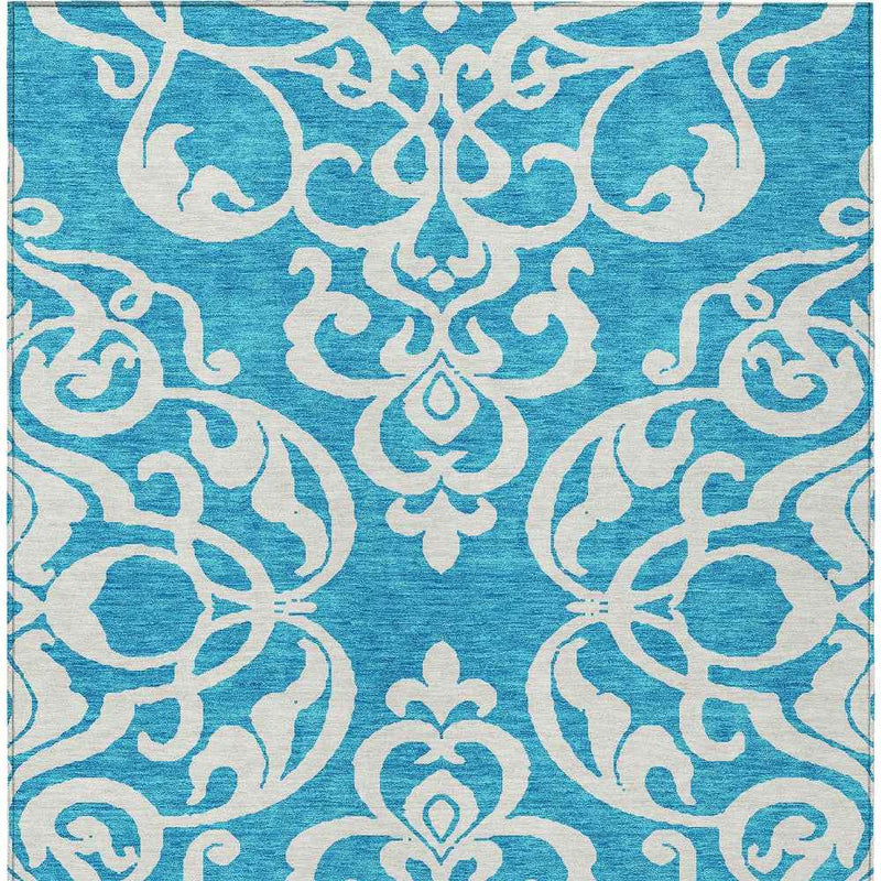 3' X 5' Turquoise And Ivory Damask Washable Indoor Outdoor Area Rug