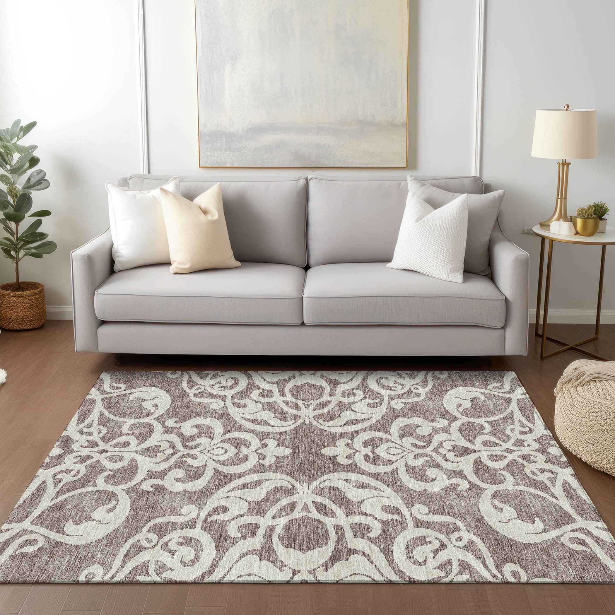 3' X 5' Taupe And Ivory Damask Washable Indoor Outdoor Area Rug