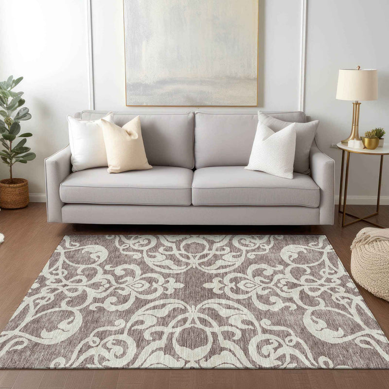 3' X 5' Taupe And Ivory Damask Washable Indoor Outdoor Area Rug