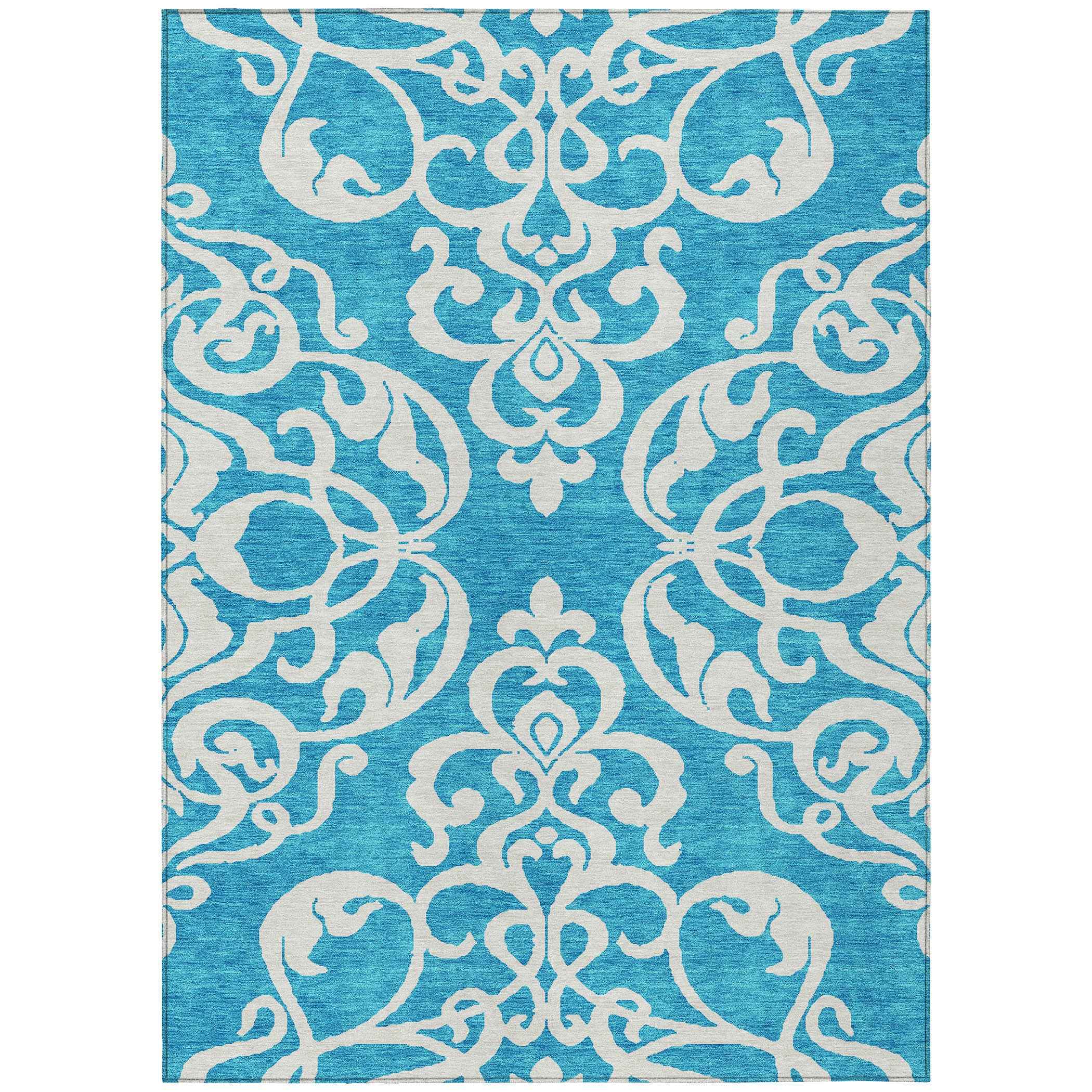 3' X 5' Turquoise And Ivory Damask Washable Indoor Outdoor Area Rug