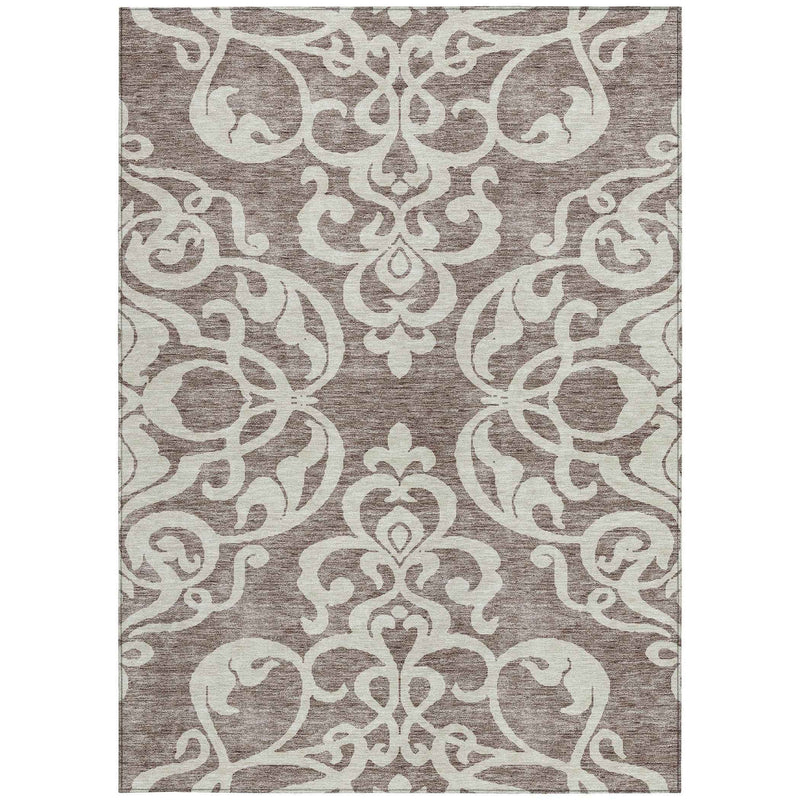 3' X 5' Taupe And Ivory Damask Washable Indoor Outdoor Area Rug
