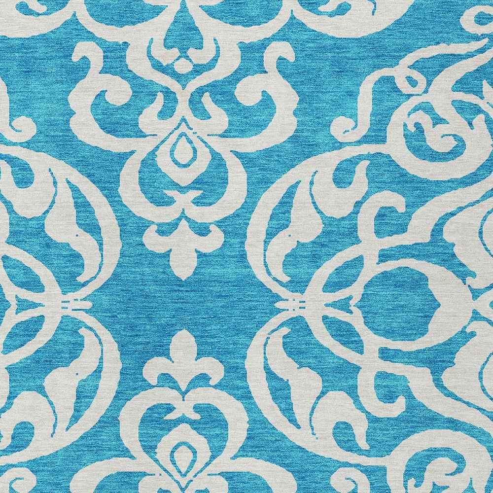3' X 5' Turquoise And Ivory Damask Washable Indoor Outdoor Area Rug