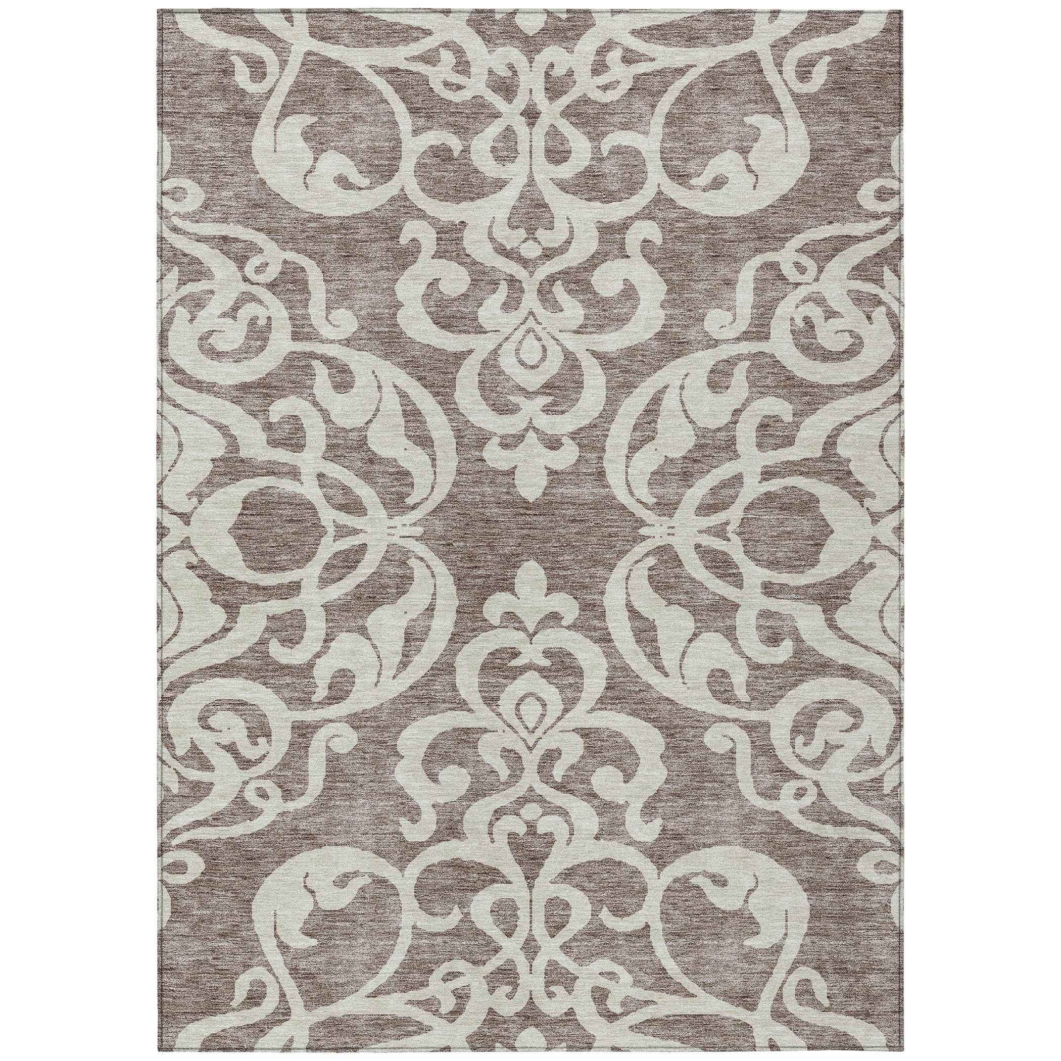 3' X 5' Taupe And Ivory Damask Washable Indoor Outdoor Area Rug