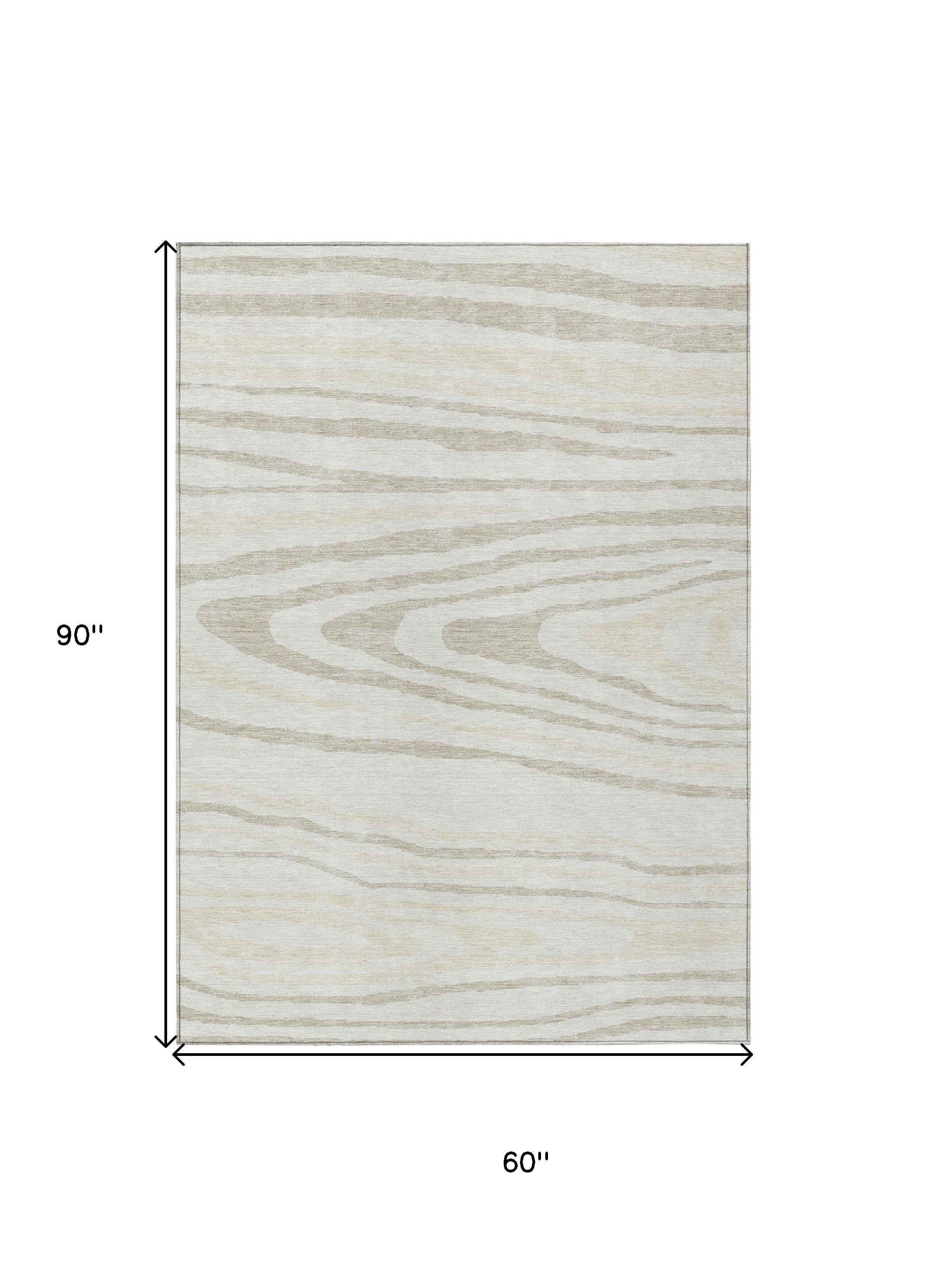 5' X 8' Ivory Beige And Taupe Faux Bois Washable Indoor Outdoor Area Rug