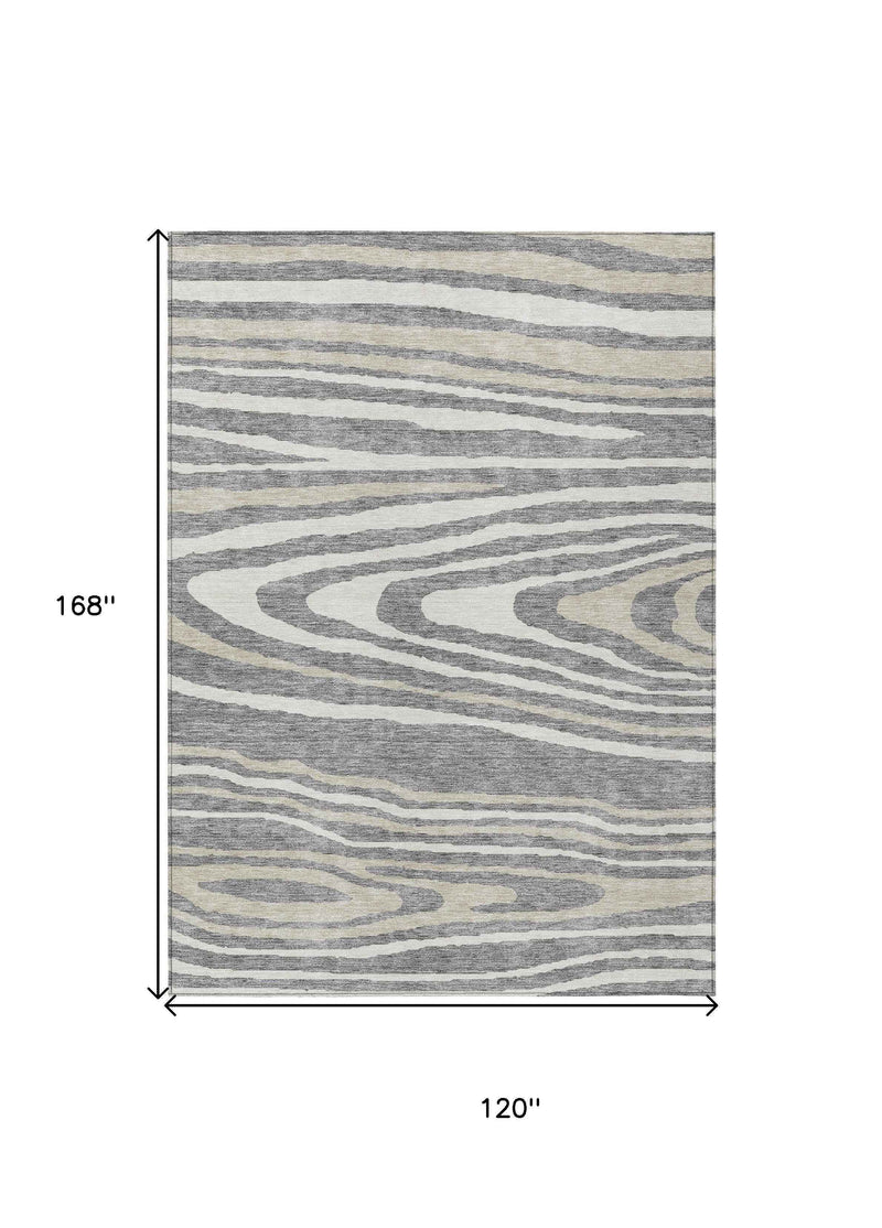 10' X 14' Gray Ivory And Beige Faux Bois Washable Indoor Outdoor Area Rug