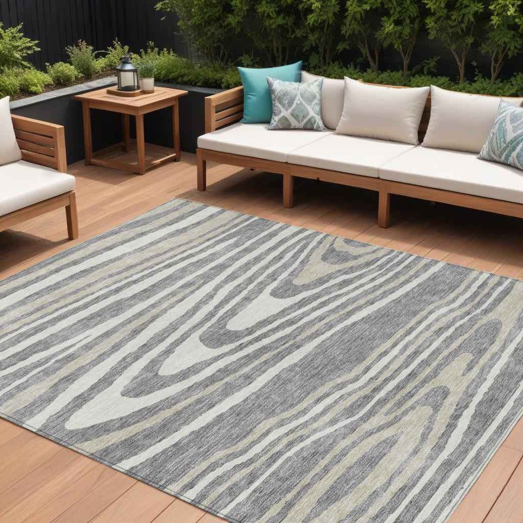 10' X 14' Gray Ivory And Beige Faux Bois Washable Indoor Outdoor Area Rug