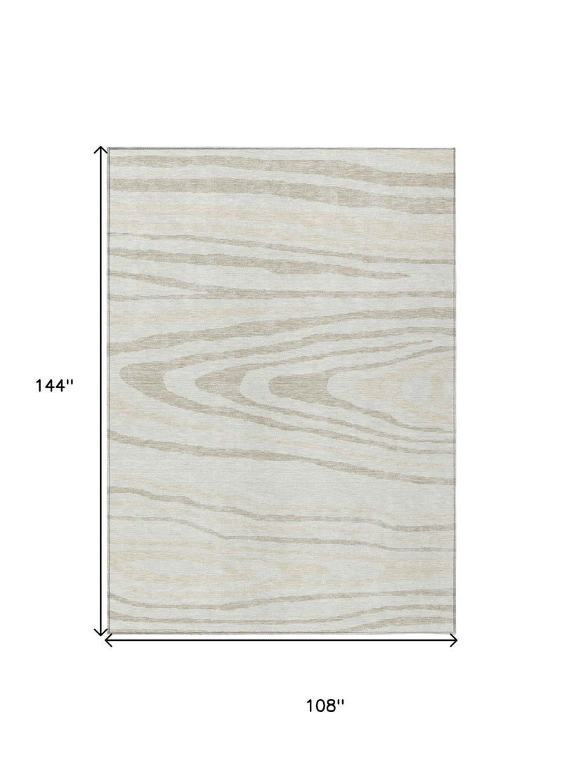 9' X 12' Ivory Beige And Taupe Faux Bois Washable Indoor Outdoor Area Rug