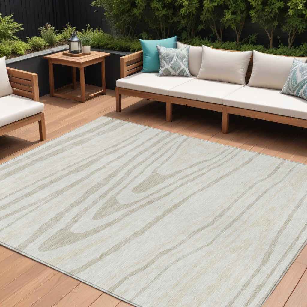 9' X 12' Ivory Beige And Taupe Faux Bois Washable Indoor Outdoor Area Rug