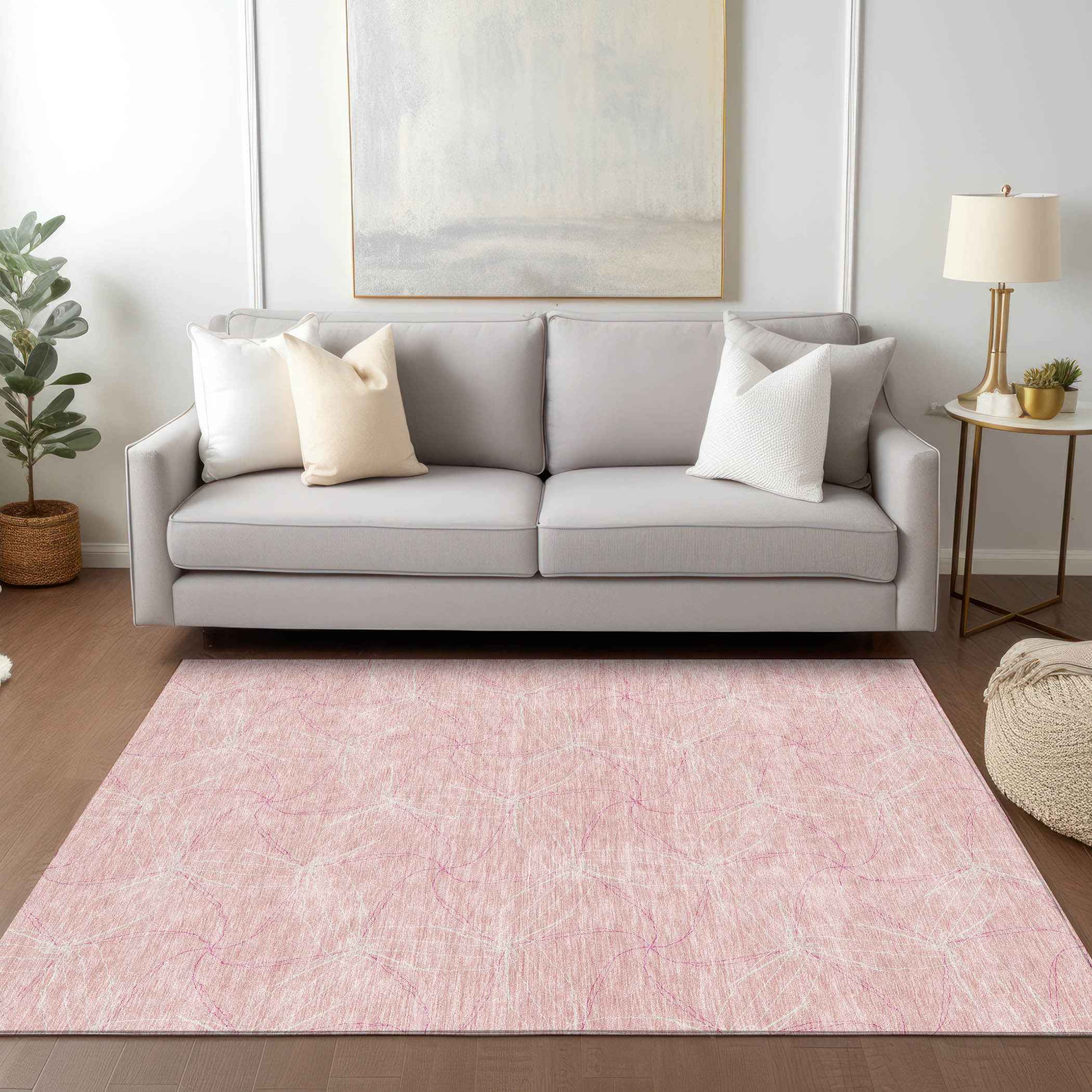 9' X 12' Pink And Ivory Geometric Washable Indoor Outdoor Area Rug