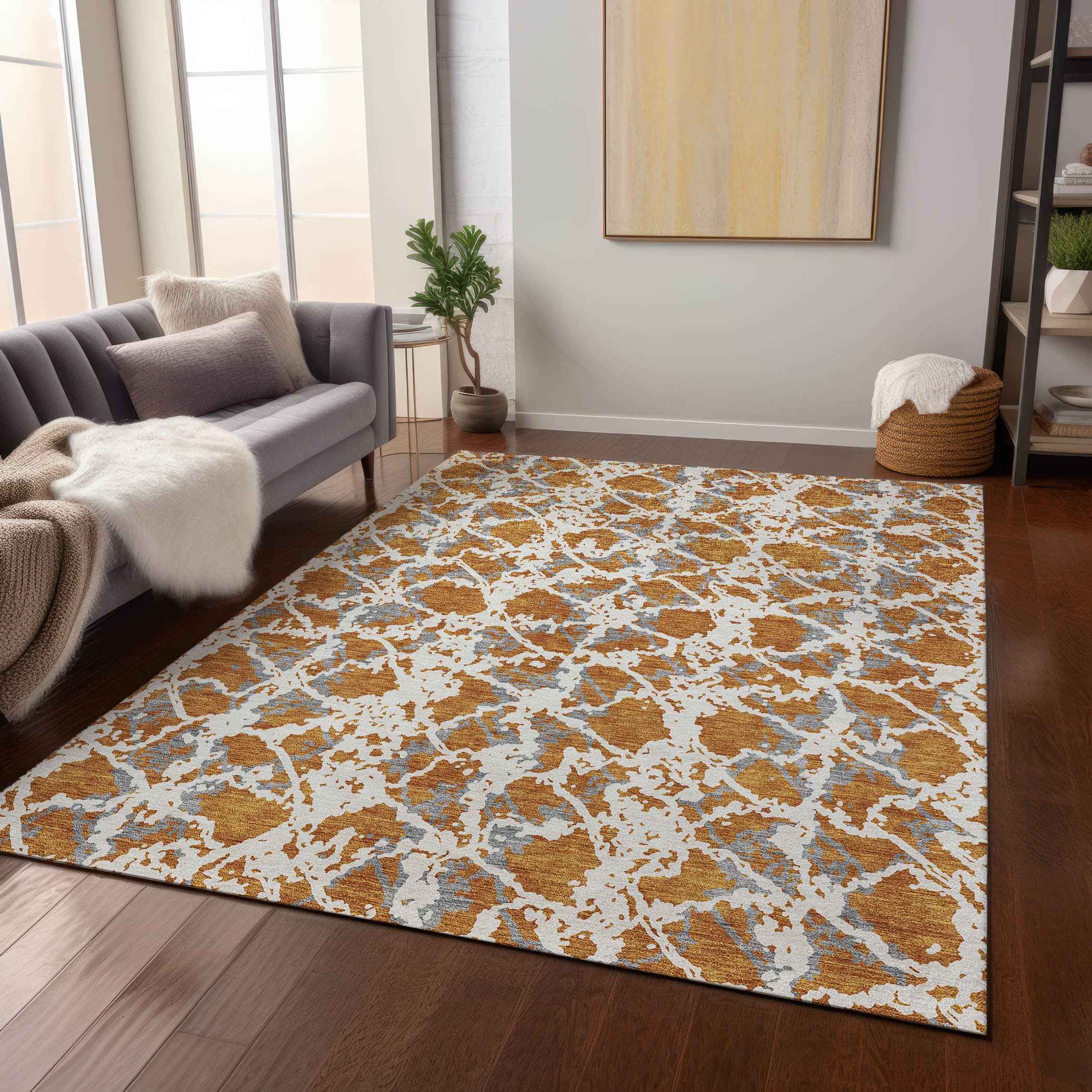 5' X 8' Copper And Ivory Abstract Washable Indoor Outdoor Area Rug